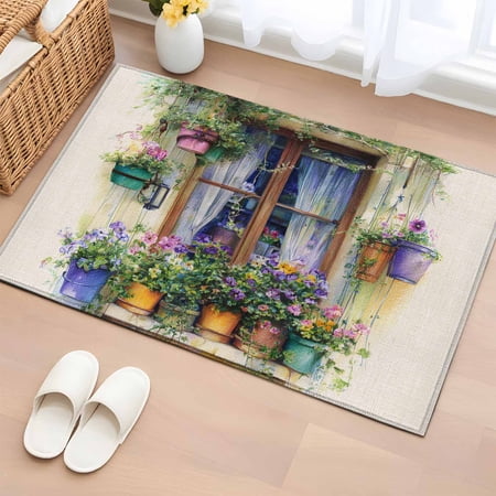 Bathroom Rugs 2x3 Ft, Spring Flowers Non Slip Area Rugs for Kitchen Bedroom Entryway, Botanical Windows Floral Pots Bicycle Washable Carpet Runner Rug Floor Mats for Bedroom Home Decor