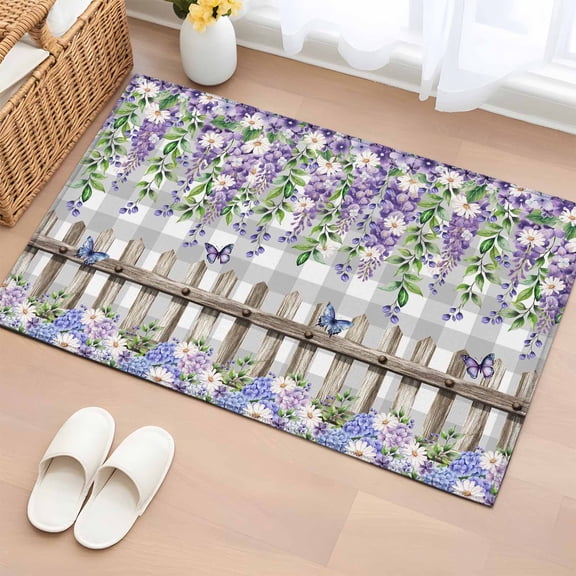Bathroom Rugs 2x3 Ft, Spring Purple Flowers Non Slip Area Rugs for Kitchen Bedroom Entryway, Farmhouse Leaves Fences Gray Plaid Washable Carpet Runner Rug Floor Mats for Bedroom Home Decor