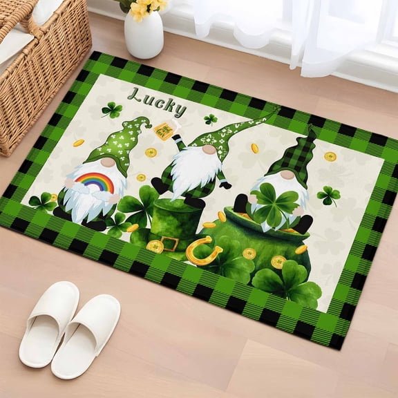 Bathroom Rugs 2x3 Ft, St. Patrick's Day Non Slip Area Rugs for Kitchen Bedroom Entryway, Gnomes Shamrock Gold Coin Plaid Washable Carpet Runner Rug Floor Mats for Bedroom Home Decor