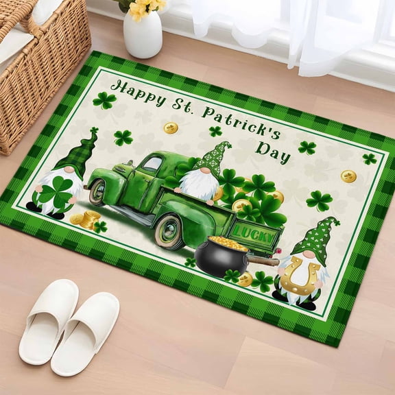 Bathroom Rugs 2x3 Ft, St. Patrick's Day Non Slip Area Rugs for Kitchen Bedroom Entryway, Gnomes Truck Shamrocks Gold Coin Plaid Washable Carpet Runner Rug Floor Mats for Bedroom Home Decor