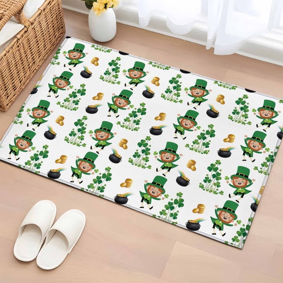 Bathroom Rugs 2x3 Ft, St. Patrick's Day Non Slip Area Rugs for Kitchen Bedroom Entryway, Green Shamrock Gingerbread Man Gold Coin Washable Carpet Runner Rug Floor Mats for Bedroom Home Decor
