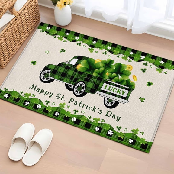Bathroom Rugs 2x3 Ft, St. Patrick's Day Non Slip Area Rugs for Kitchen Bedroom Entryway, Green Truck Shamrock Gold Coin Plaid Beige Washable Carpet Runner Rug Floor Mats for Bedroom Home Decor