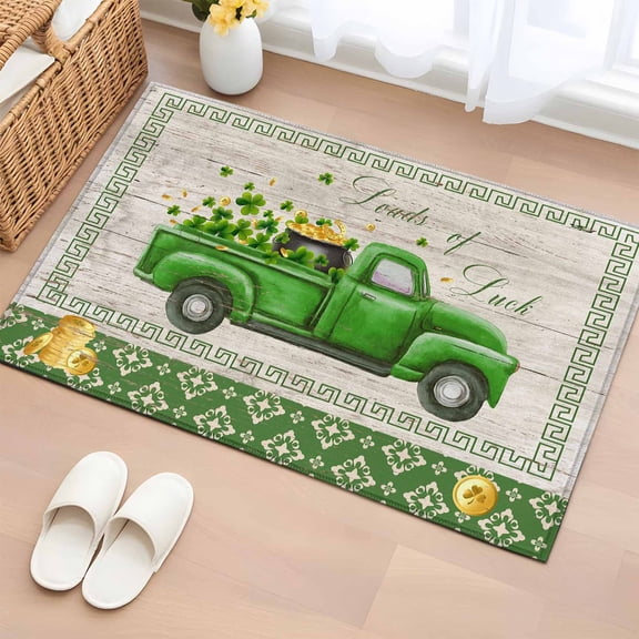 Bathroom Rugs 2x3 Ft, St. Patrick's Day Non Slip Area Rugs for Kitchen Bedroom Entryway, Green Truck Shamrock Gold Coin Wooden Washable Carpet Runner Rug Floor Mats for Bedroom Home Decor