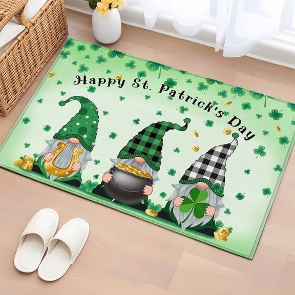 Bathroom Rugs 2x3 Ft, St. Patrick's Day Non Slip Area Rugs for Kitchen Bedroom Entryway, Ombre Green Gnomes Shamrock Gold Coin Plaid Washable Carpet Runner Rug Floor Mats for Bedroom Home Decor