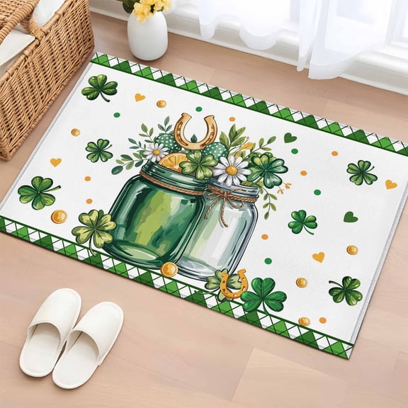 Bathroom Rugs 2x3 Ft, St Patrick's Day Non Slip Area Rugs for Kitchen Bedroom Entryway, Spring Shamrock Flowers Vase Gold Coin Green Washable Carpet Runner Rug Floor Mats for Bedroom Home Decor