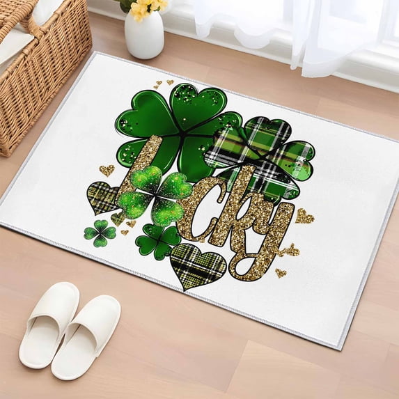 Bathroom Rugs 2x3 Ft, St. Patrick's Day Non Slip Area Rugs for Kitchen Bedroom Entryway, Spring Shamrock Leaf Gold Love Lucky Green Washable Carpet Runner Rug Floor Mats for Bedroom Home Decor