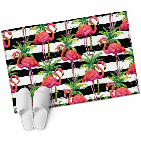 Bathroom Rugs 2x3 Ft, Striped Flamingo Non Slip Area Rugs for Kitchen Bedroom Entryway, Pink Birds Green Palm Leaf Black White Washable Carpet Runner Rug Floor Mats for Bedroom Home Decor