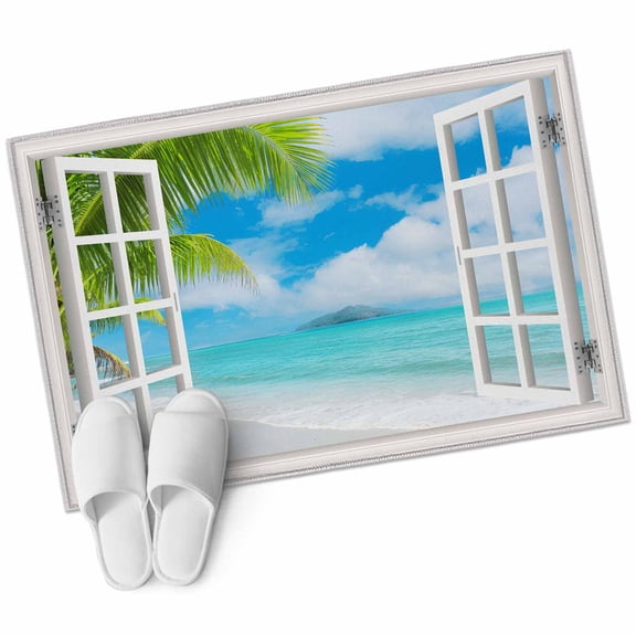 Bathroom Rugs 2x3 Ft, Summer Beach Non Slip Area Rugs for Kitchen Bedroom Entryway, Turquoise Window Seascape Seaside Palm Tree Washable Carpet Runner Rug Floor Mats for Bedroom Home Decor