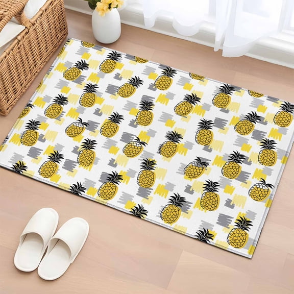 Bathroom Rugs 2x3 Ft, Summer Pineapple Non Slip Area Rugs for Kitchen Bedroom Entryway, Tropical Plants Fruit Yellow Grey Blocks Washable Carpet Runner Rug Floor Mats for Bedroom Home Decor
