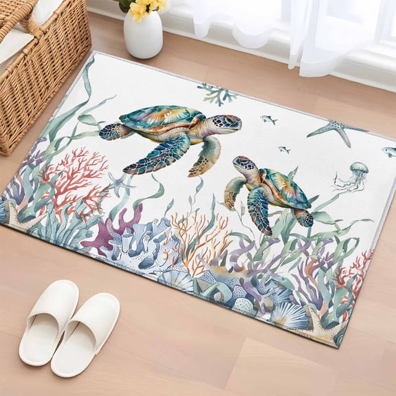 Bathroom Rugs 2x3 Ft, Summer Sea Turtles Non Slip Area Rugs for Kitchen Bedroom Entryway, Coastal Watercolor Ocean Corals Washable Carpet Runner Rug Floor Mats for Bedroom Home Decor
