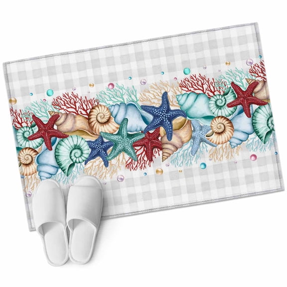 Bathroom Rugs 2x3 Ft, Summer Starfish Non Slip Area Rugs for Kitchen Bedroom Entryway, Blue Coral Beach Couch Coastal Grey Plaid Washable Carpet Runner Rug Floor Mats for Bedroom Home Decor