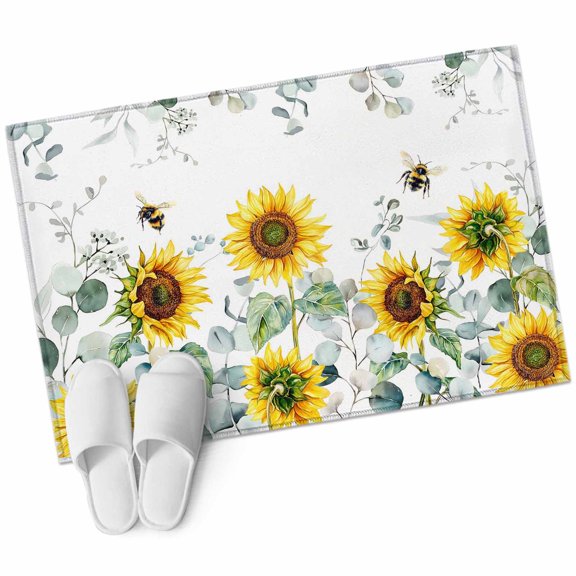Bathroom Rugs 2x3 Ft, Sunflower Non Slip Area Rugs for Kitchen Bedroom Entryway, Sage Green Summer Botanical Eucalyptus Farmhouse Bee Washable Carpet Runner Rug Floor Mats for Bedroom Home Decor