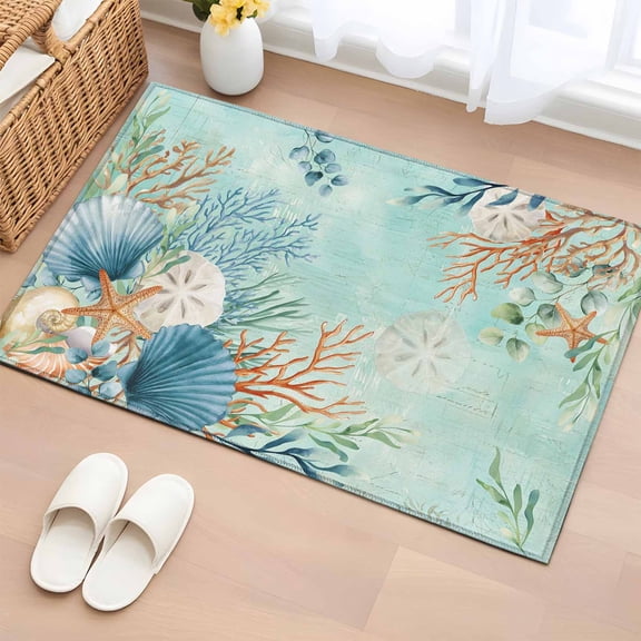 Bathroom Rugs 2x3 Ft, Teal Beach Coastal Non Slip Area Rugs for Kitchen Bedroom Entryway, Summer Nautical Coral Shell Botanical Washable Carpet Runner Rug Floor Mats for Bedroom Home Decor
