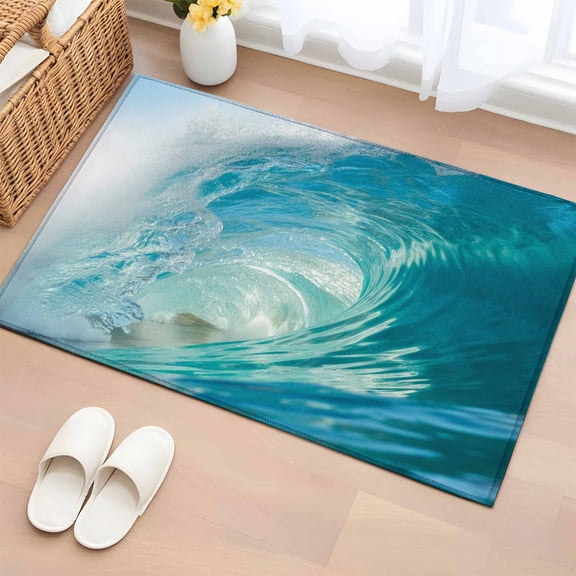 Bathroom Rugs 2x3 Ft, Teal Blue Coastal Wave Non Slip Area Rugs for Kitchen Bedroom Entryway, Modern Summer Ocean Beach Sea Washable Carpet Runner Rug Floor Mats for Bedroom Home Decor