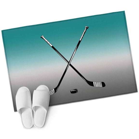 Bathroom Rugs 2x3 Ft, Teal Gray Ombre Non Slip Area Rugs for Kitchen Bedroom Entryway, Black Hockey Sticks Minimalist Style Washable Carpet Runner Rug Floor Mats for Bedroom Home Decor