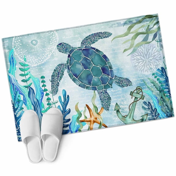 Bathroom Rugs 2x3 Ft, Teal Green Sea Turtle Non Slip Area Rugs for Kitchen Bedroom Entryway, Coastal Summer Beach Seaweed Washable Carpet Runner Rug Floor Mats for Bedroom Home Decor