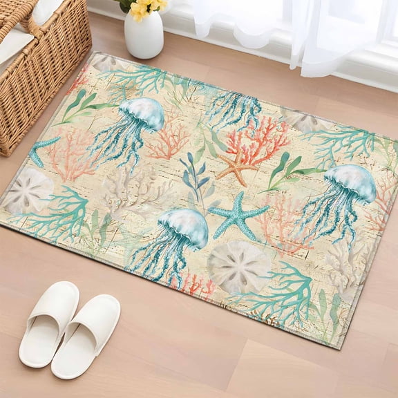 Bathroom Rugs 2x3 Ft, Teal Red Coastal Non Slip Area Rugs for Kitchen Bedroom Entryway, Jellyfish Nautical Beach Coral Starfish Washable Carpet Runner Rug Floor Mats for Bedroom Home Decor