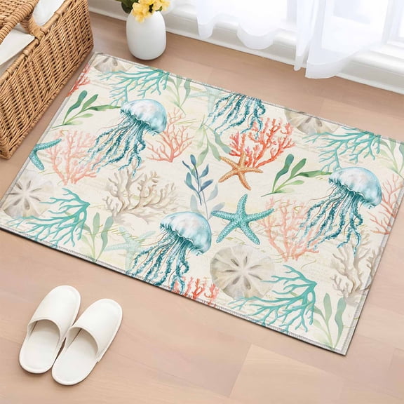 Bathroom Rugs 2x3 Ft, Teal Red Jellyfish Coastal Non Slip Area Rugs for Kitchen Bedroom Entryway, Nautical Beach Coral Starfish Washable Carpet Runner Rug Floor Mats for Bedroom Home Decor