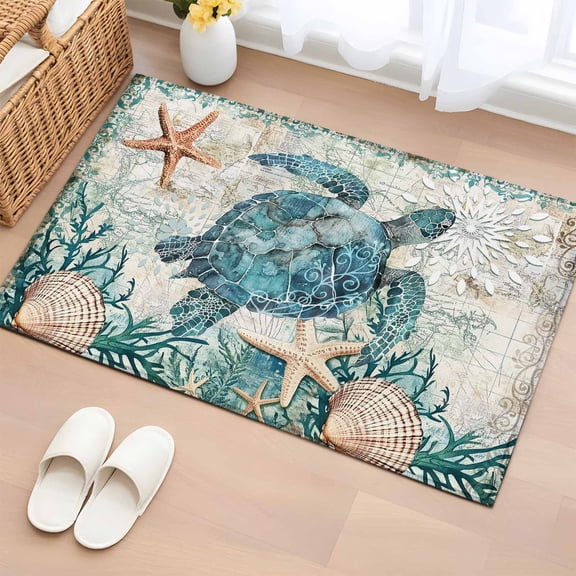 Bathroom Rugs 2x3 Ft, Teal Sea Turtle Coastal Non Slip Area Rugs for Kitchen Bedroom Entryway, Summer Beach Starfish Nautical Washable Carpet Runner Rug Floor Mats for Bedroom Home Decor