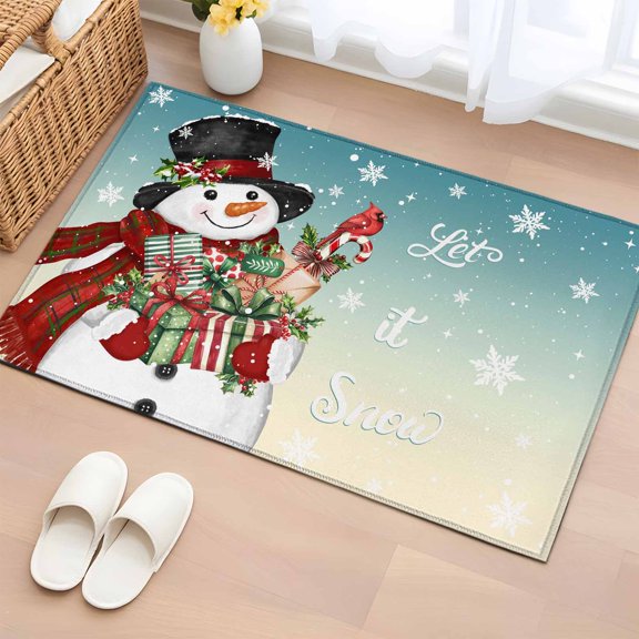 Bathroom Rugs 2x3 Ft, Teal Snowman Christmas Non Slip Area Rugs for Kitchen Bedroom Entryway, Xmas Snowflake Winter Gifts Washable Carpet Runner Rug Floor Mats for Bedroom Home Decor