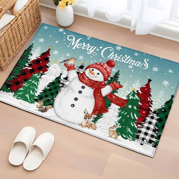 Bathroom Rugs 2x3 Ft, Teal Snowman Christmas Non Slip Area Rugs for Kitchen Bedroom Entryway, Xmas Tree Snowflake Elk Winter Washable Carpet Runner Rug Floor Mats for Bedroom Home Decor