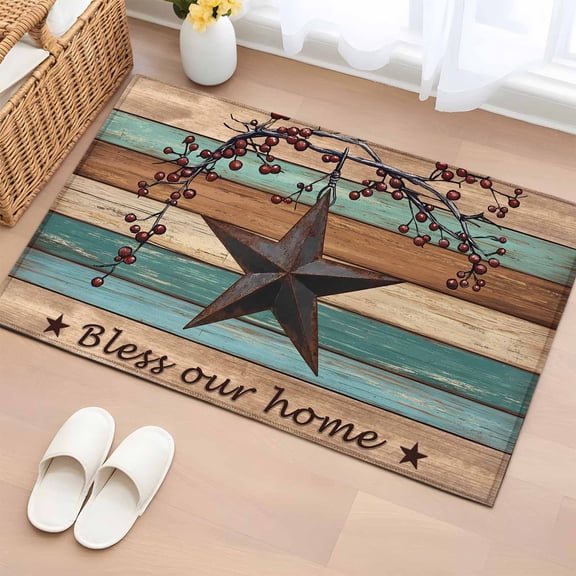 Bathroom Rugs 2x3 Ft, Texas Stars Vintage Non Slip Area Rugs for Kitchen Bedroom Entryway, Teal Blue Khaki Washable Carpet Runner Rug Floor Mats for Bedroom Home Decor Retro Art Berry Wooden