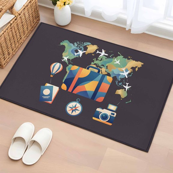 Bathroom Rugs 2x3 Ft, Travel Adventure Non Slip Area Rugs for Kitchen Bedroom Entryway, Abstract Art Maps Suitcase Hot Balloons Washable Carpet Runner Rug Floor Mats for Bedroom Home Decor