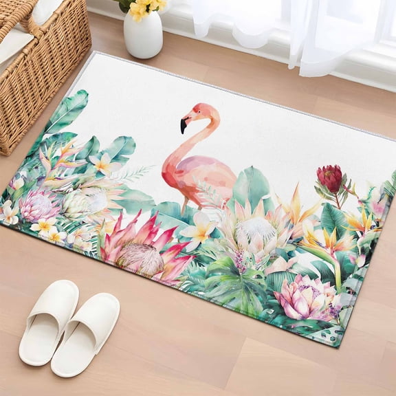 Bathroom Rugs 2x3 Ft, Tropical Flamingo Non Slip Area Rugs for Kitchen Bedroom Entryway, Botanical Summer Watercolor Flower Plant Washable Carpet Runner Rug Floor Mats for Bedroom Home Decor