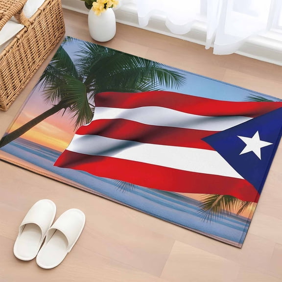 Bathroom Rugs 2x3 Ft, USA Flag Non Slip Area Rugs for Kitchen Bedroom Entryway, Vintage Puerto Rico Sandy Palm Tree Ocean Washable Carpet Runner Rug Floor Mats for Bedroom Home Decor