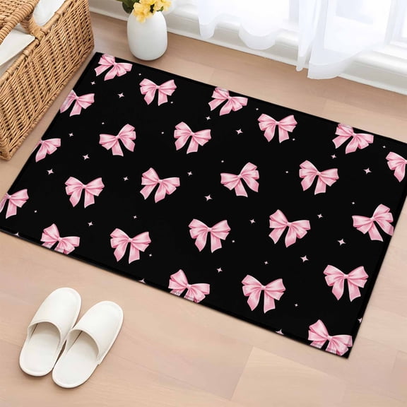 Bathroom Rugs 2x3 Ft, Valentine's Day Non Slip Area Rugs for Kitchen Bedroom Entryway, Pink Bows Shining Stars Modern Black Washable Carpet Runner Rug Floor Mats for Bedroom Home Decor