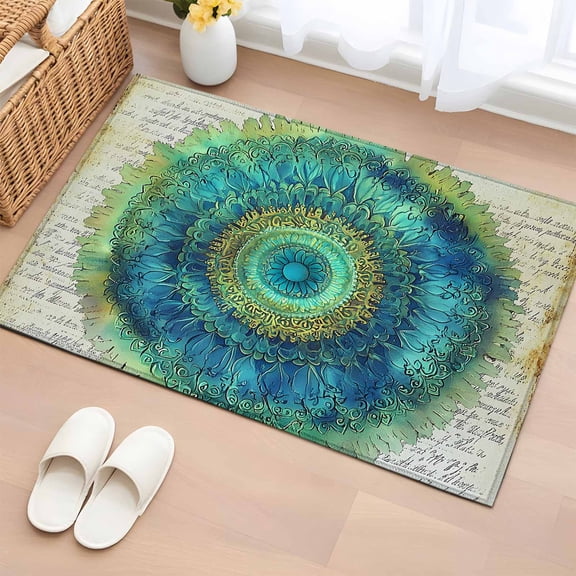 Bathroom Rugs 2x3 Ft, Vintage Abstract Floral Non Slip Area Rugs for Kitchen Bedroom Entryway, Retro Teal Art Washable Carpet Runner Rug Floor Mats for Bedroom Home Decor