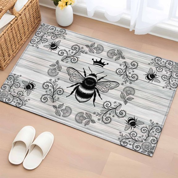 Bathroom Rugs 2x3 Ft, Vintage Bees Crowns Non Slip Area Rugs for Kitchen Bedroom Entryway, Retro Leaves Rings Gray Wooden Washable Carpet Runner Rug Floor Mats for Bedroom Home Decor