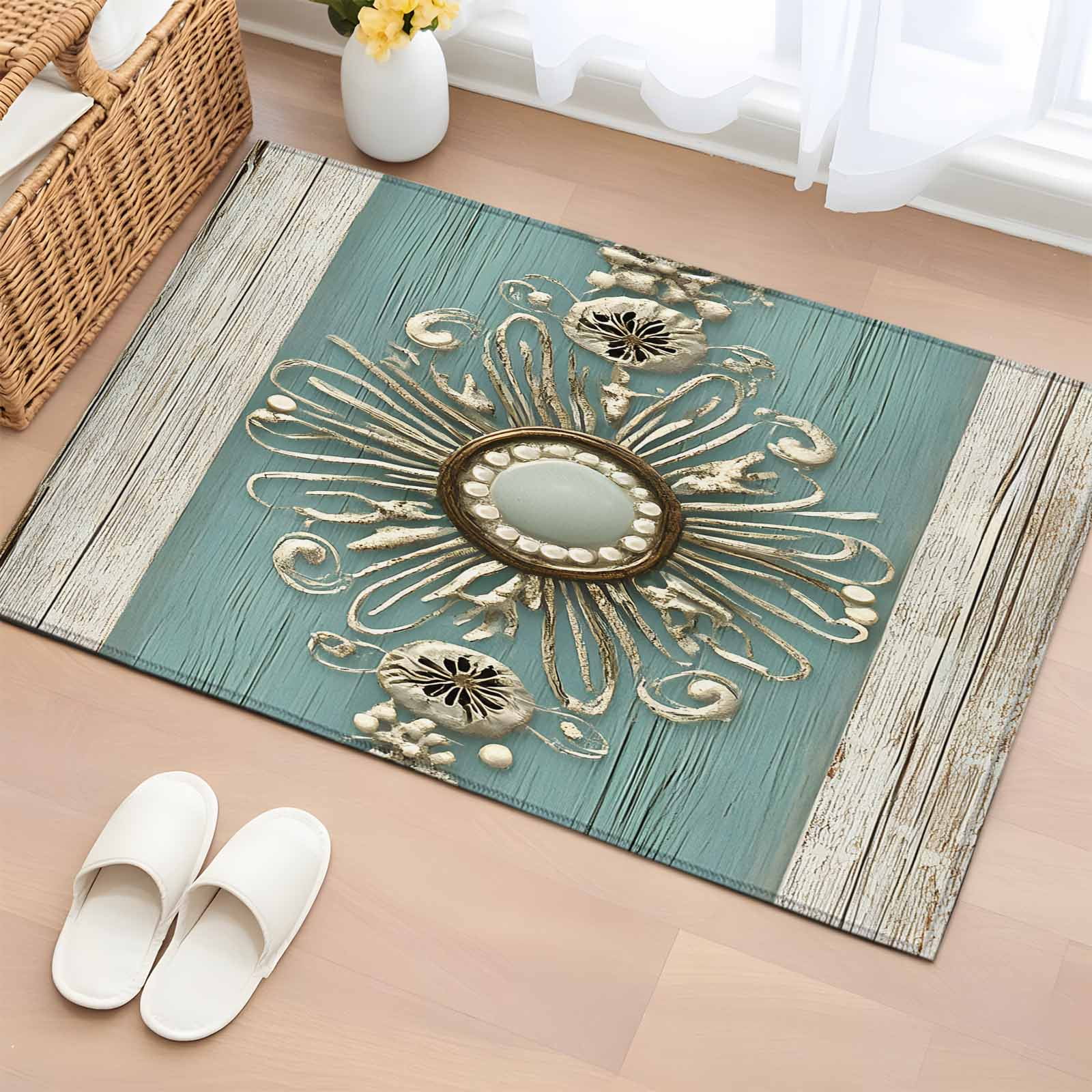 Bathroom Rugs 2x3 Ft, Vintage Teal Art Non Slip Area Rugs for Kitchen Bedroom Entryway, Retro Abstract Art Washable Carpet Runner Rug Floor Mats for Bedroom Home Decor