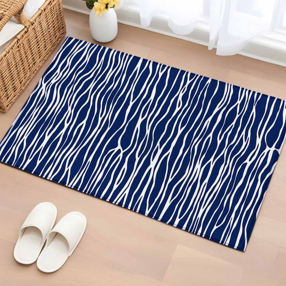 Bathroom Rugs 2x3 Ft, Vintage Wave Lines Non Slip Area Rugs for Kitchen Bedroom Entryway, Classic Minimalist Striped Navy Blue Washable Carpet Runner Rug Floor Mats for Bedroom Home Decor