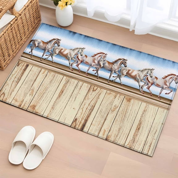 Bathroom Rugs 2x3 Ft, Western Horse Non Slip Area Rugs for Kitchen Bedroom Entryway, Farmhouse Wooden Grain Vintage Cowboy Barn Door Washable Carpet Runner Rug Floor Mats for Bedroom Home Decor