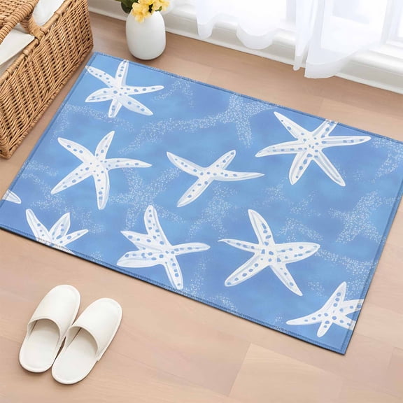Bathroom Rugs 2x3 Ft, White Blue Starfish Coastal Non Slip Area Rugs for Kitchen Bedroom Entryway, Summer Ocean Beach Sea Washable Carpet Runner Rug Floor Mats for Bedroom Home Decor