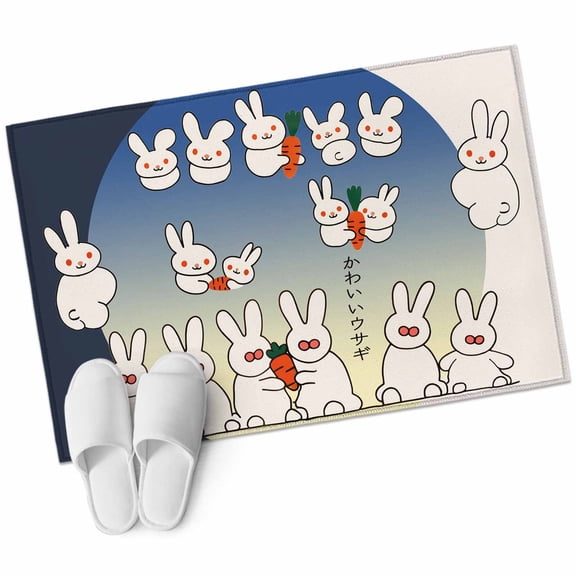 Bathroom Rugs 2x3 Ft, White Cute Rabbit Non Slip Area Rugs for Kitchen Bedroom Entryway, Cartoon Carrot Harmony Gradient Moon Washable Carpet Runner Rug Floor Mats for Bedroom Home Decor