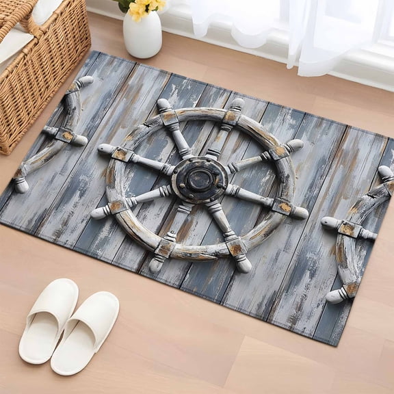 Bathroom Rugs 2x3 Ft, White Rudder Coastal Non Slip Area Rugs for Kitchen Bedroom Entryway, Summer Beach Retro Nautical Washable Carpet Runner Rug Floor Mats for Bedroom Home Decor