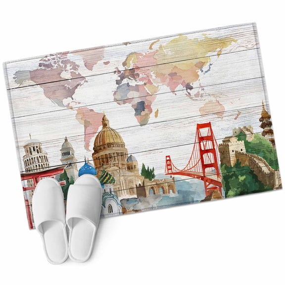 Bathroom Rugs 2x3 Ft, World Map Non Slip Area Rugs for Kitchen Bedroom Entryway, Country Famous Building Tourism Bridge Wooden Washable Carpet Runner Rug Floor Mats for Bedroom Home Decor