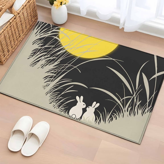 Bathroom Rugs 2x3 Ft, Yellow Moonlight Non Slip Area Rugs for Kitchen Bedroom Entryway, Modern Rustic Rabbits Botanical Washable Carpet Runner Rug Floor Mats for Bedroom Home Decor