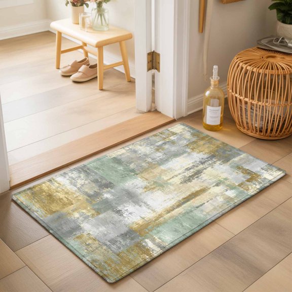 Bathroom Rugs 2x3 Ft, Yellow Sage Green Grey Non Slip Area Rugs for Kitchen Bedroom Entryway, Modern Abstract Oil Painting Vintage Washable Carpet Runner Rug Floor Mats for Bedroom Home Decor