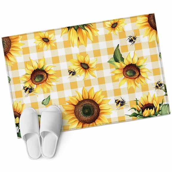 Bathroom Rugs 2x3 Ft, Yellow Sunflower Non Slip Area Rugs for Kitchen Bedroom Entryway, Vintage Country Bee Plaid Ginger Check Washable Carpet Runner Rug Floor Mats for Bedroom Home Decor