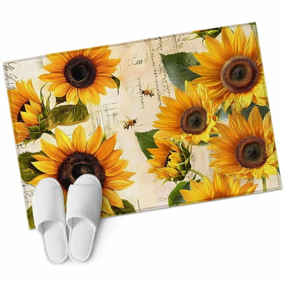 Bathroom Rugs 2x3 Ft, Yellow Sunflowers Non Slip Area Rugs for Kitchen Bedroom Entryway, Country Vintage Botanical Floral Washable Carpet Runner Rug Floor Mats for Bedroom Home Decor