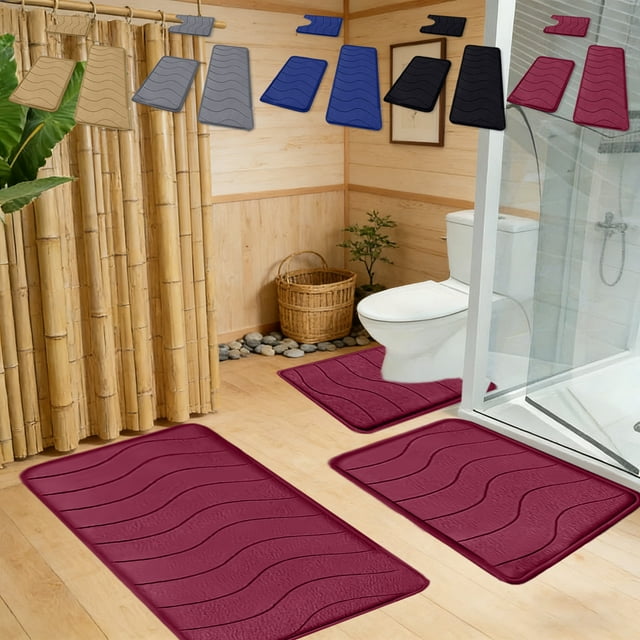 Bathroom Rugs 3 Piece Set - Non-Slip Bath Mat & Contour Rug, Super Absorbent and Machine Washable, Quick-Dry Bathroom Floor Mat Set for Bath Tub and Shower, Black by PALIFEUR
