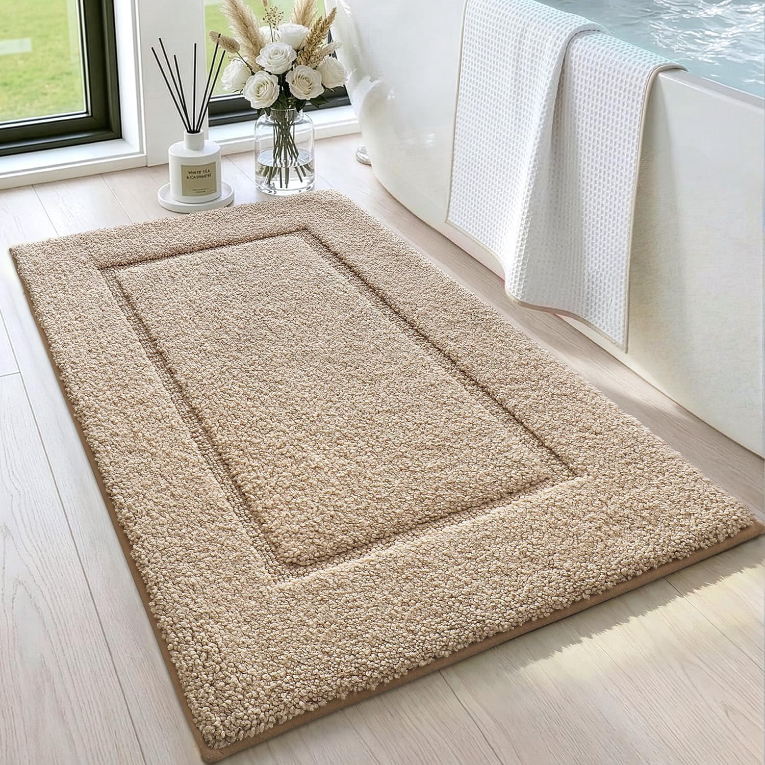 Bathroom Rugs 32x20, Washable Non Slip Bath Mat for Shower Floor, Absorbent Quick Dry Bathmat with Rubber Backing, Ultra Soft Plush Carpet for Tub, Beige