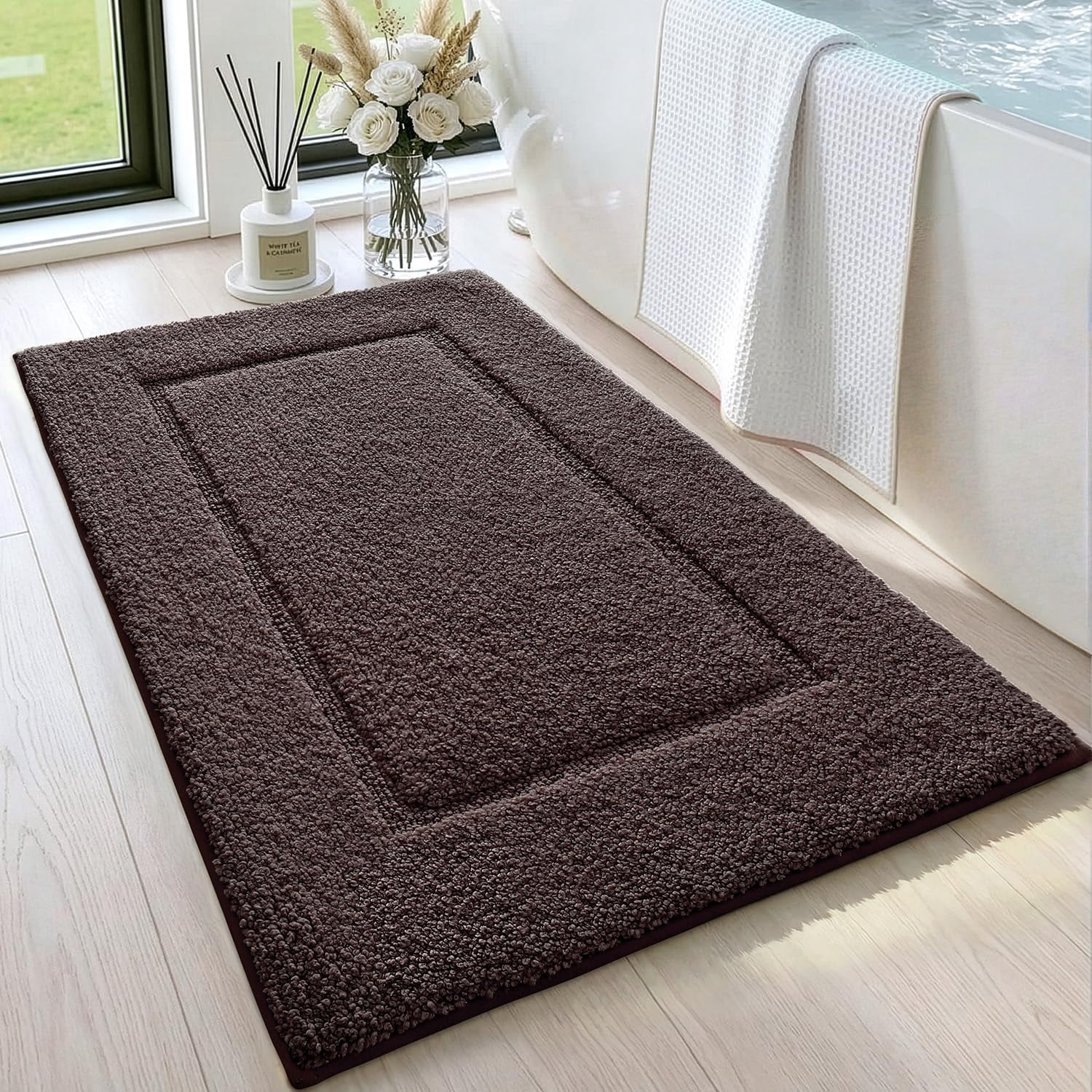 Bathroom Rugs 32x20, Washable Non Slip Bath Mat for Shower Floor, Absorbent Quick Dry Bathmat with Rubber Backing, Ultra Soft Plush Carpet for Tub, Brown