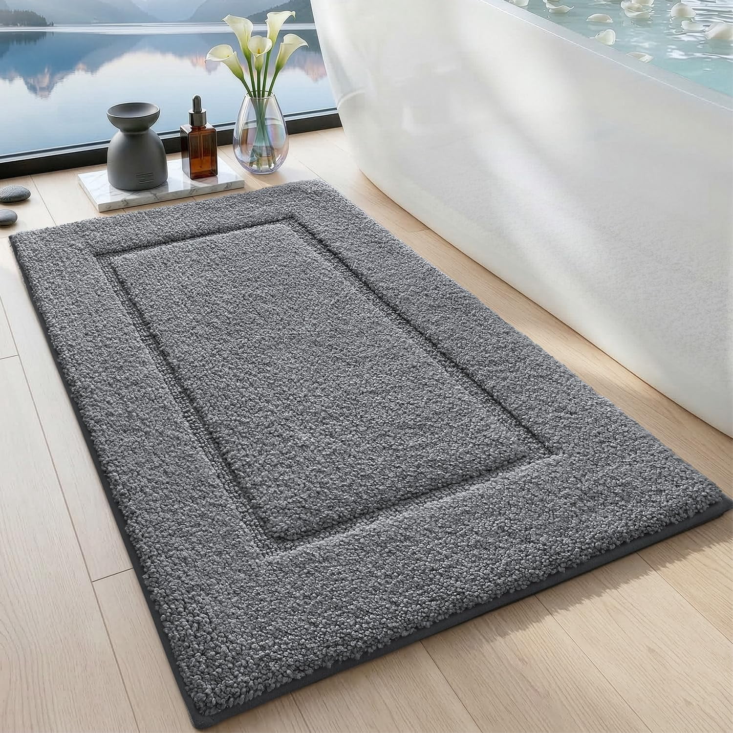 Bathroom Rugs 32x20, Washable Non Slip Bath Mat for Shower Floor, Absorbent Quick Dry Bathmat with Rubber Backing, Ultra Soft Plush Carpet for Tub, Grey