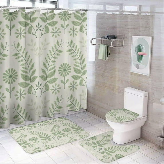 Bathroom Rugs 4 Piece with Shower Curtain Sets, Sage Green Leaf Stripe Pattern Printed on Cute Shower Curtain Sets with Rugs, Designed for Farmhouse Boho Contemporary Bathrooms, 72 x 72 inches