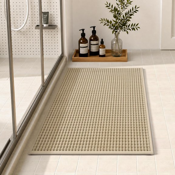 Bathroom Rugs, Absorbent Quick Dry Thin Bath Mat, Non Slip Washable Bath Rugs with Solid Rubber Backing, Low Profile Bath Mats for Bathroom, Beige, 16" x 24"