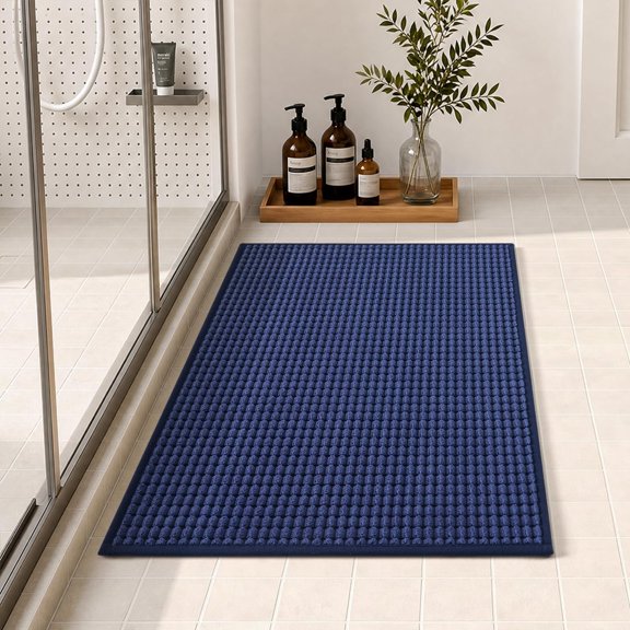 Bathroom Rugs, Absorbent Quick Dry Thin Bath Mat, Non Slip Washable Bath Rugs with Solid Rubber Backing, Low Profile Bath Mats for Bathroom, Blue, 16" x 24"
